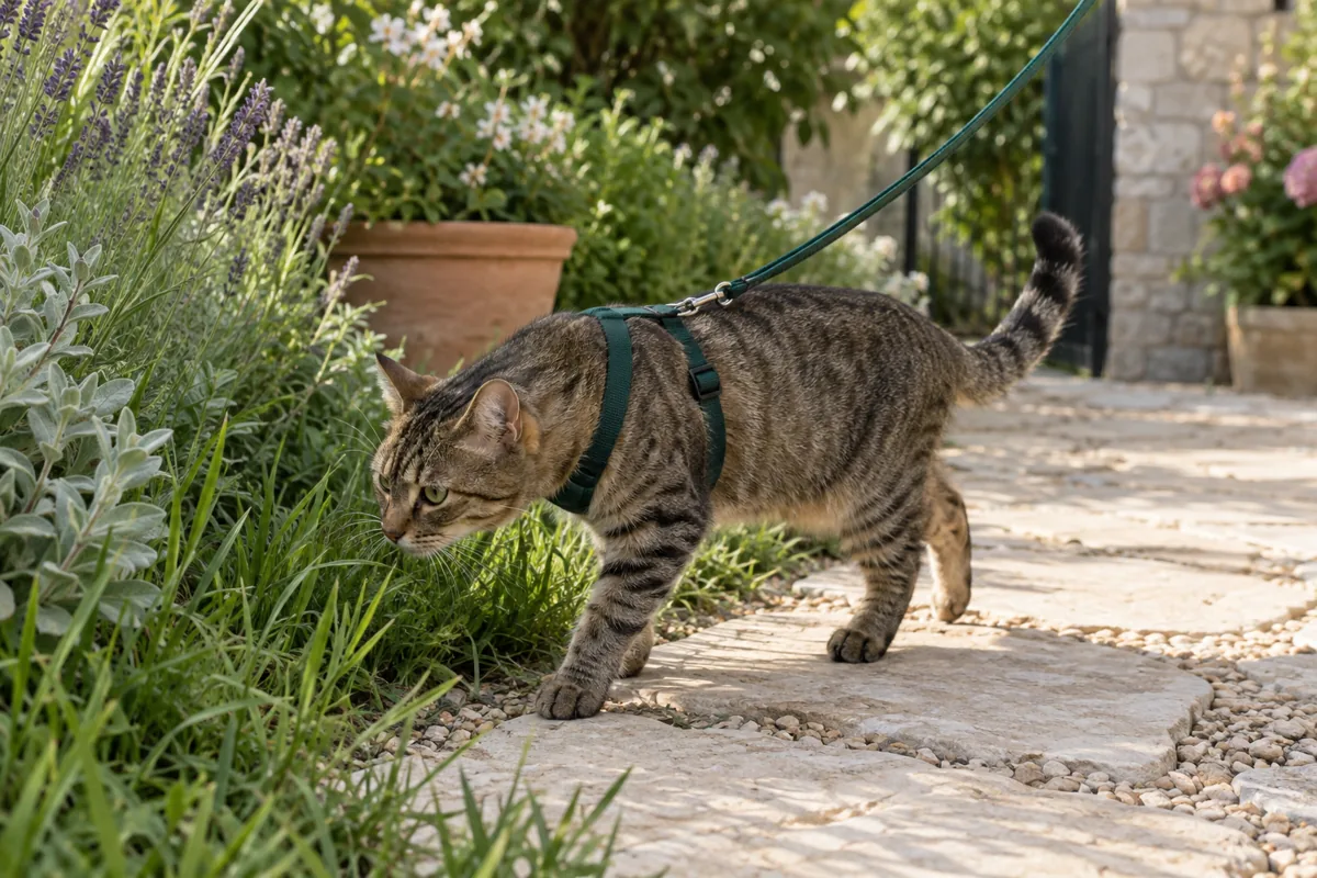 A cat exploring a garden