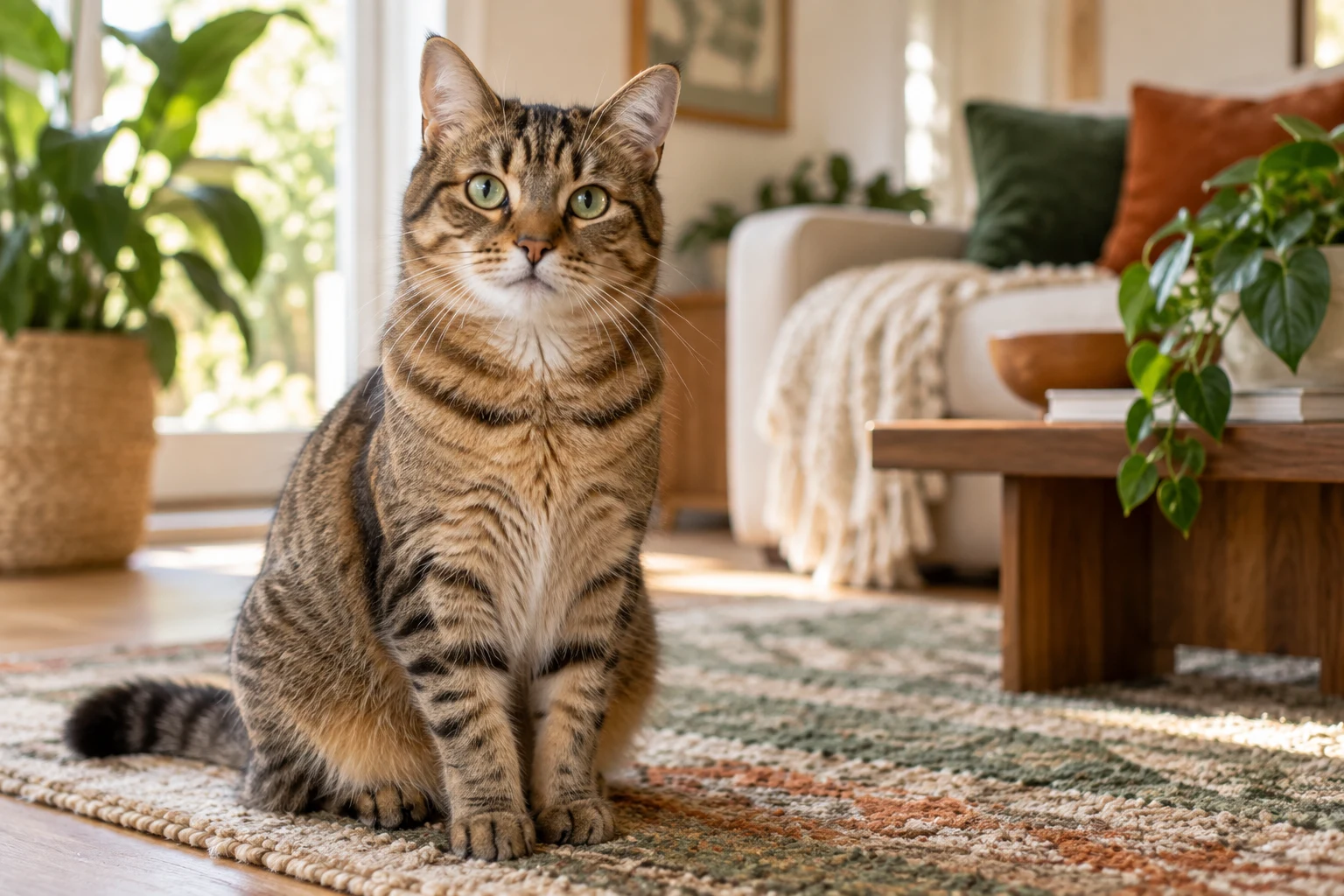 A tabby cat resting at home